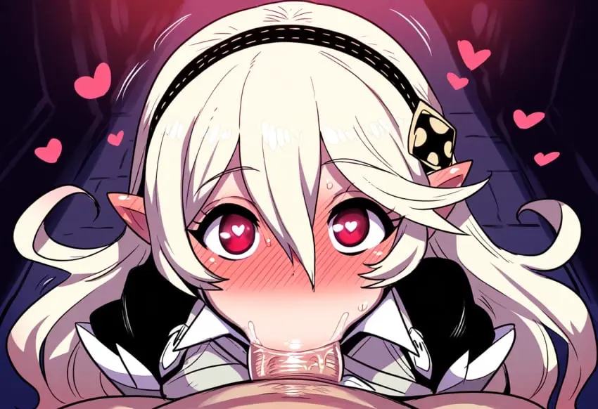 Image 1girls,female,looking_at_viewer,red_eyes,white_hair,heart-shaped_pupils,fellatio,ai_generated,hairband,blonde_hair,pointy_ears,self_upload,blowjob,oral_sex,heart,fire_emblem,fire_emblem_fates,novelai,corrin_(fire_emblem),corrin_(fire_emblem)_(female)