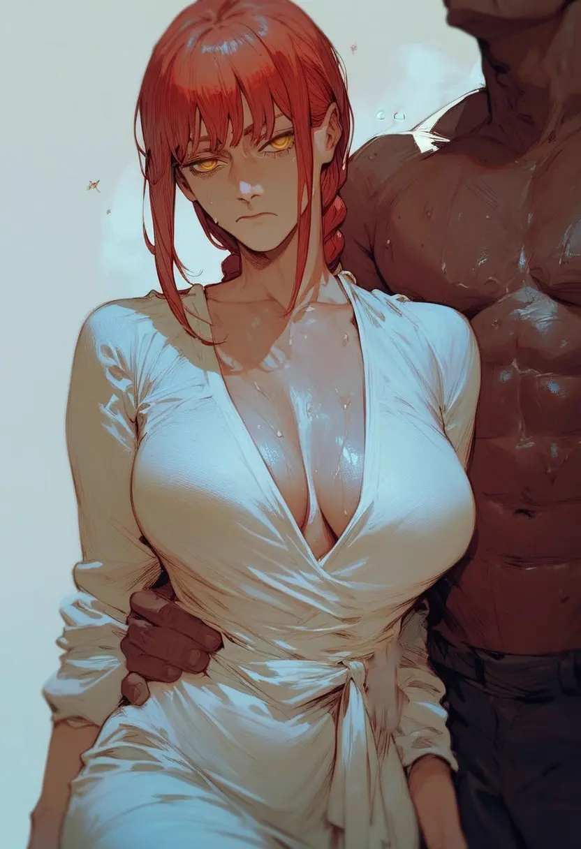 Image female,1boy,male,red_hair,dark-skinned_male,interracial,ai_generated,cleavage,dress,braid,dominant_male,submissive_female,mommy,height_difference,chainsaw_man,makima_(chainsaw_man),formal_wear,l-major