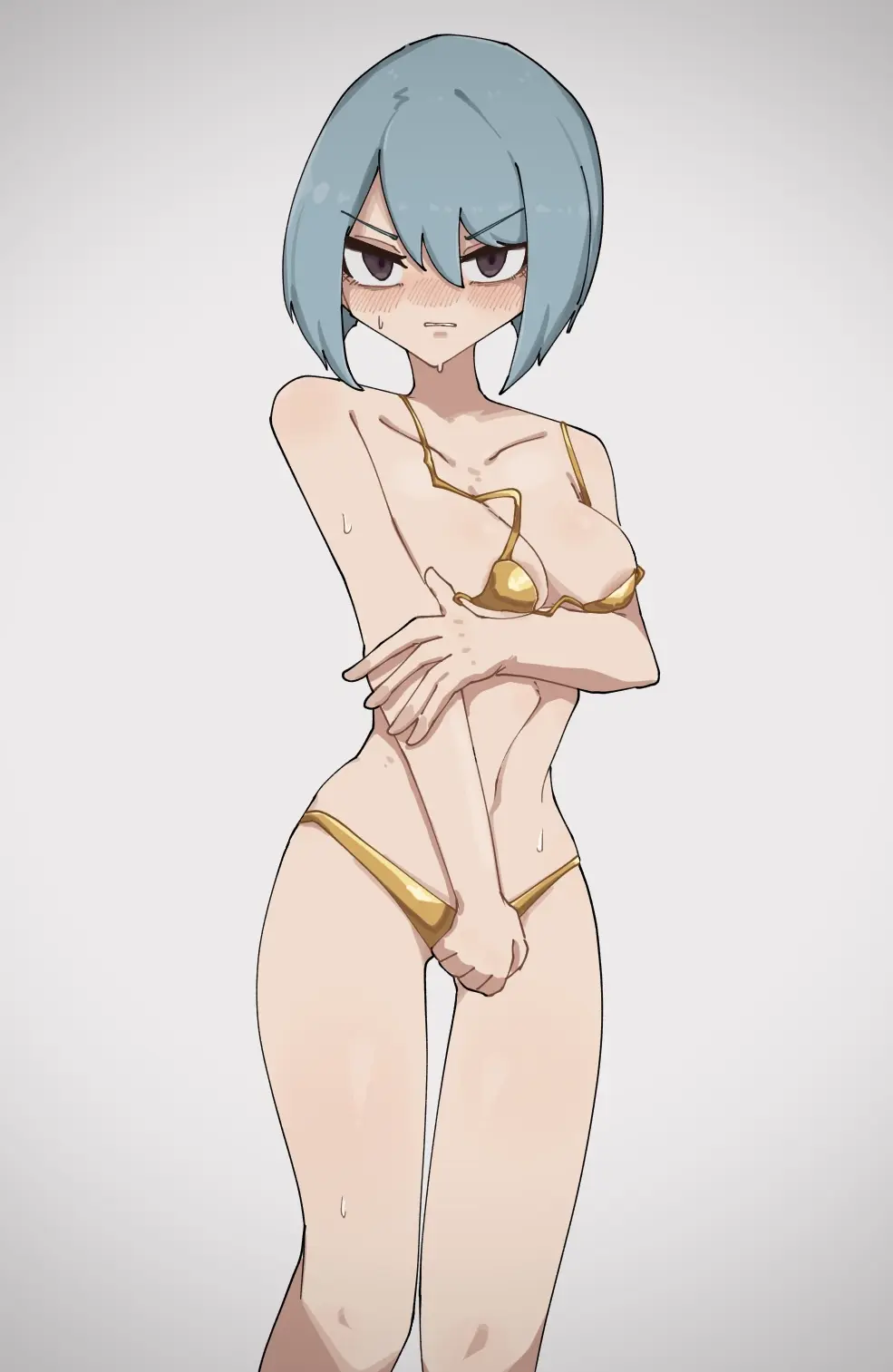 Image 1girls,breasts,female,female_only,solo,blue_hair,short_hair,sweat,bikini,small_breasts,areolae,embarrassed,bare_midriff,cleavage,midriff,ass_visible_through_thighs,legs,swimsuit,nintendo,light_blue_hair,alternate_costume,fire_emblem,fire_emblem_fates,covering,areola_slip,covering_breasts,covering_crotch,bare_legs,bare_arms,yellow_bikini,gold_bikini,beruka_(fire_emblem),beruka_adon,gold_swimsuit,yellow_swimsuit