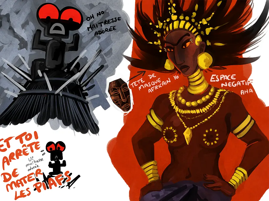 Image 1girls,breasts,female,female_only,long_hair,nipples,female_focus,dark_skin,milf,gold_(metal),mature_female,dark-skinned_female,topless,dark_nipples,translation_request,topless_female,gold_jewelry,spiky_hair,african_female,african,kirikou_and_the_sorceress,karaba,french_text,rosy-gingerpear,sketchdump