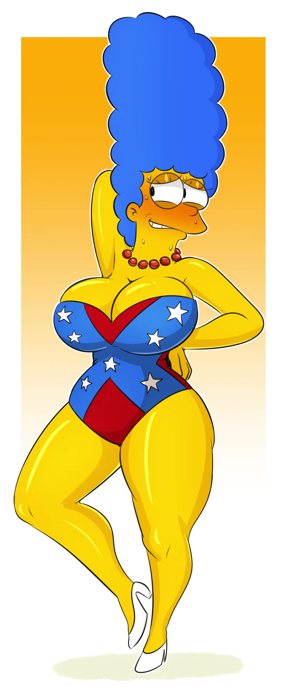 Image big_breasts,blush,breasts,female,large_breasts,white_background,blue_hair,sweat,big_ass,thick_thighs,milf,wide_hips,yellow_background,gradient_background,accurate_art_style,necklace,mature_female,sweatdrop,yellow_body,sweating,large_ass,yellow_skin,marge_simpson,the_simpsons,arm_behind_head,20th_century_studios,confederate_flag,spakka5