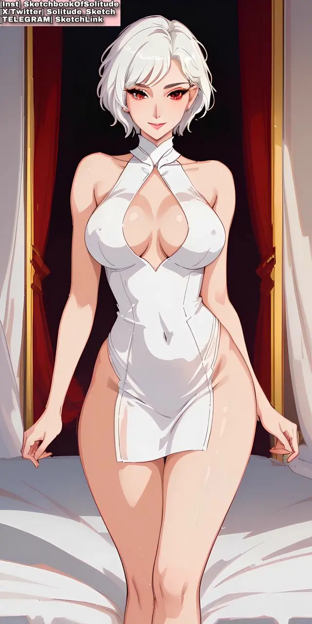 Image big_breasts,breasts,female,female_only,red_eyes,solo,white_hair,thick_thighs,thighs,ai_generated,solo_female,legs,dress,white_dress,anime,anime_style,soli_sketch