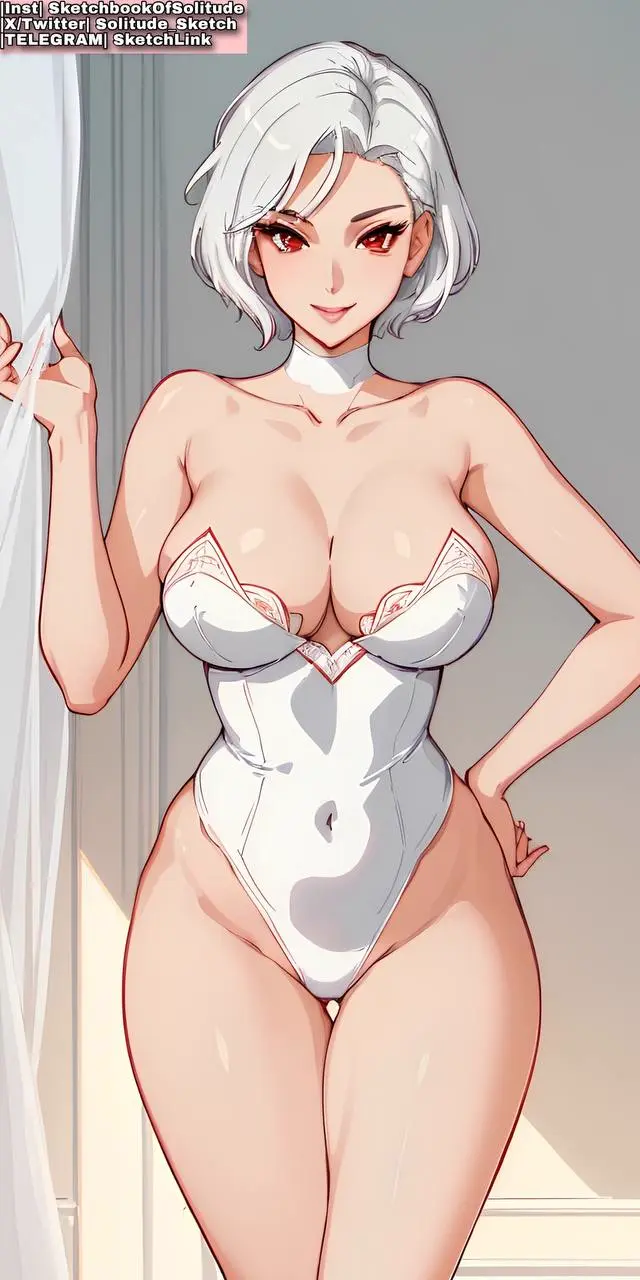 Image big_breasts,breasts,female,female_only,red_eyes,solo,white_hair,choker,thick_thighs,thighs,ai_generated,solo_female,legs,dress,white_dress,nipples_visible_through_clothing,anime,anime_style,soli_sketch