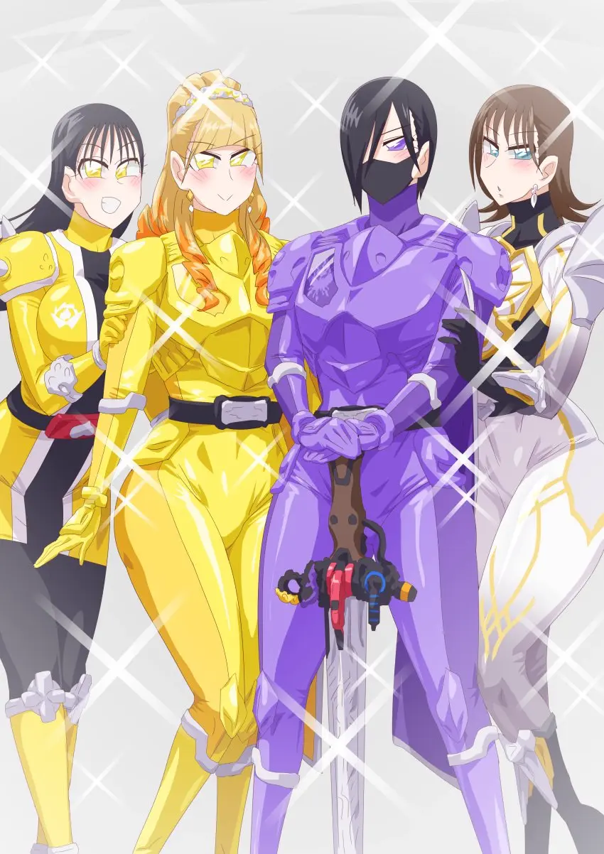 Image big_breasts,breasts,female,black_hair,blue_eyes,multiple_girls,yellow_eyes,blonde_hair,brown_hair,heterochromia,bodysuit,mask,4girls,weapons,pin_up,face_mask,alluring,avataro_sentai_donbrothers,haruka_kito,himeno_ran,kanisuka_rita,kito_haruka,no_headwear,ohsama_sentai_king-ohger,otokam1117,ran_himeno,sononi,sononi_(donbrothers),super_sentai