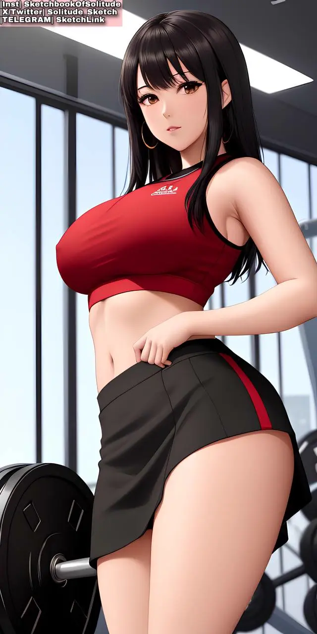 Image big_breasts,breasts,brown_eyes,female,female_only,solo,black_hair,thick_thighs,white_skin,ai_generated,gym,solo_female,skirt,anime,anime_style,black_skirt,ai_hands,soli_sketch,red_top