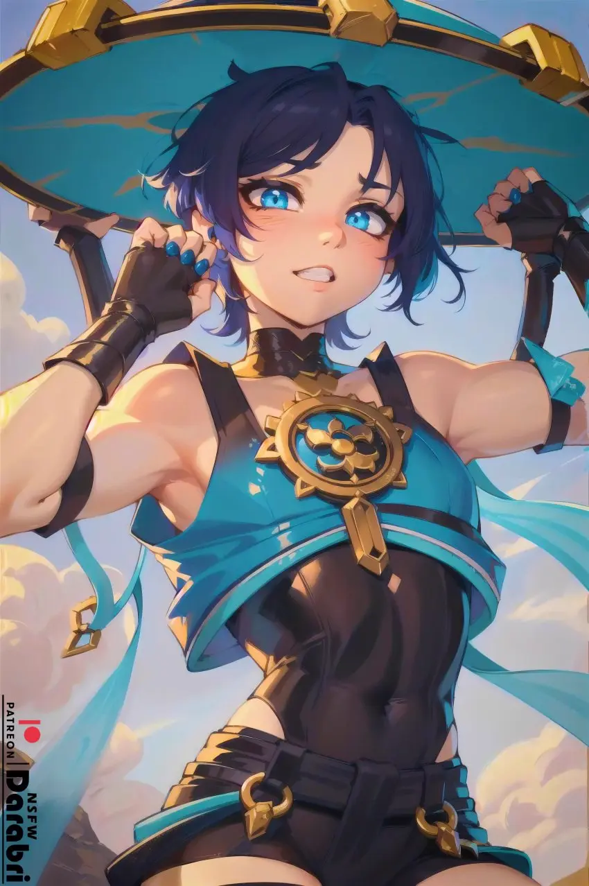 Image blush,looking_at_viewer,open_mouth,1boy,blue_eyes,blue_hair,male,navel,hat,headwear,patreon,armpits,sky,ai_generated,femboy,male_only,trap,bare_shoulders,teeth_showing,nail_polish,absurd_res,genshin_impact,pov,cute,outdoors,collar,shorts,detailed,flushed,feminine_male,girly,logo,arched_back,blue_sky,toned,crop_top,otoko_no_ko,clouds,patreon_logo,abstract_background,dark_blue_hair,ai_hands,ai_anatomy,scaramouche_(genshin_impact),outlines,claw_pose,darabri,windy