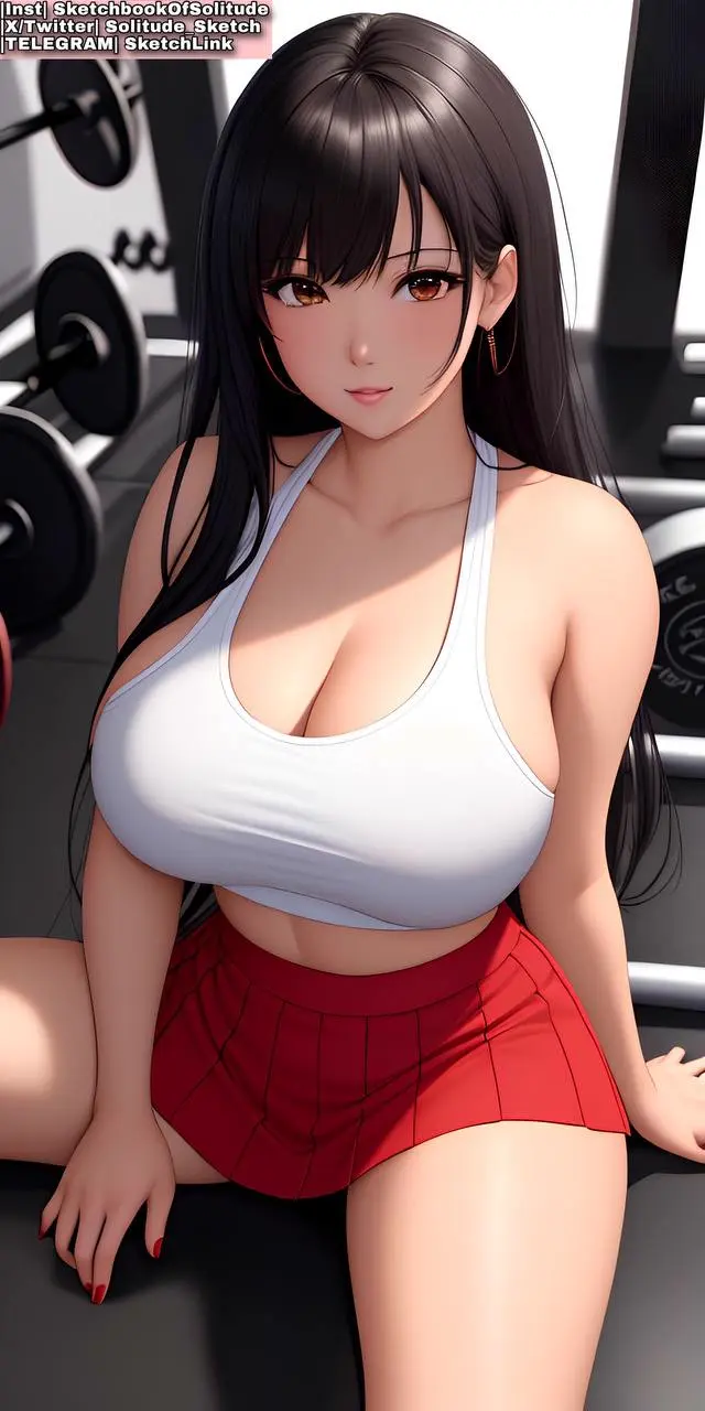 Image big_breasts,breasts,brown_eyes,female,female_only,solo,black_hair,bra,thick_thighs,white_skin,ai_generated,gym,solo_female,white_bra,skirt,anime,anime_style,red_skirt,soli_sketch