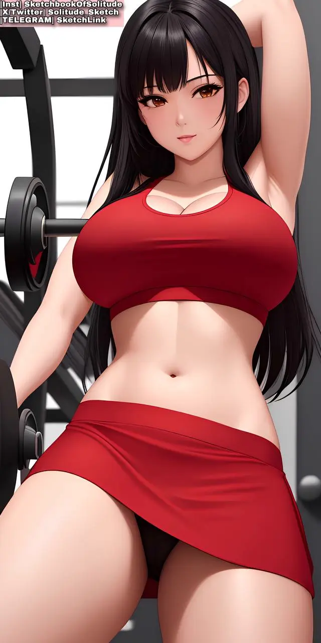 Image big_breasts,breasts,brown_eyes,female,female_only,solo,black_hair,bra,underwear,thick_thighs,white_skin,ai_generated,gym,solo_female,underwear_only,skirt,anime,anime_style,red_underwear,red_bra,red_skirt,soli_sketch