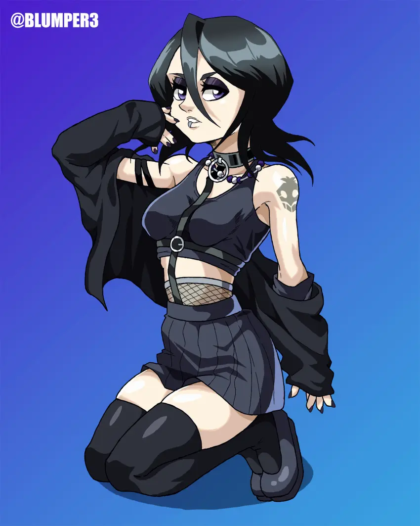 Image breasts,clothing,female,female_only,black_hair,short_hair,female_focus,small_breasts,tattoo,tattoo_on_arm,piercing,pale-skinned_female,curvy,curvy_figure,necklace,pale_skin,bleach,kuchiki_rukia,punk,tights,lip_piercing,blumper3,streetwear