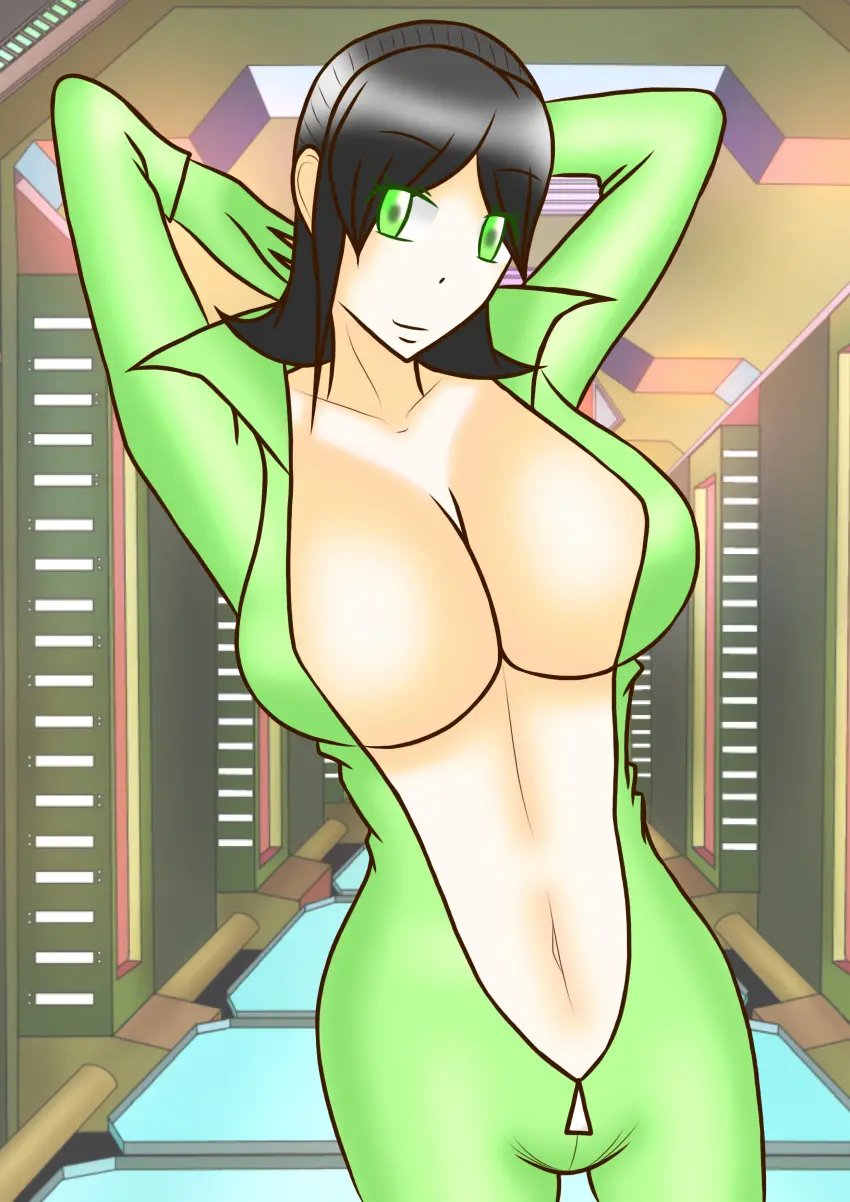 Image 1girls,big_breasts,breasts,female,black_hair,hands_behind_head,cleavage,green_eyes,bodysuit,zipper,unzipped_bodysuit,pin_up,open_bodysuit,alluring,super_sentai,green_suit,hammy_(kyuranger),mokuro_(artist),uchu_sentai_kyuranger