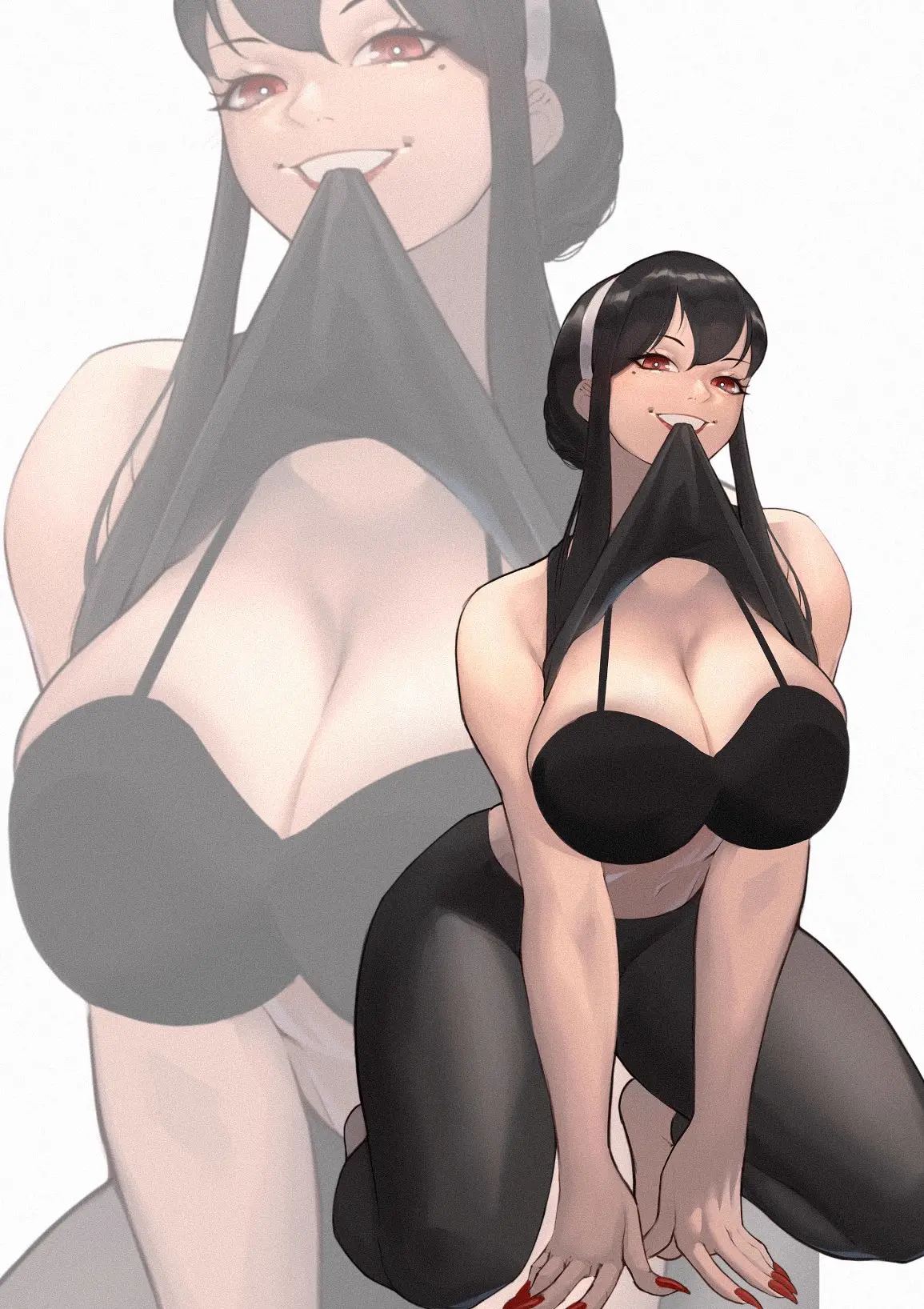 Image 1girls,big_breasts,breasts,female,light-skinned_female,light_skin,red_eyes,black_hair,bra,kneeling,smiling,hairband,busty,curvy,on_knees,teasing,painted_nails,spy_x_family,yor_briar,yor_forger,red_nails,black_bra,beauty_mark,lifting_shirt,painted_fingernails,red_fingernails,shirt_in_teeth,zukululuu