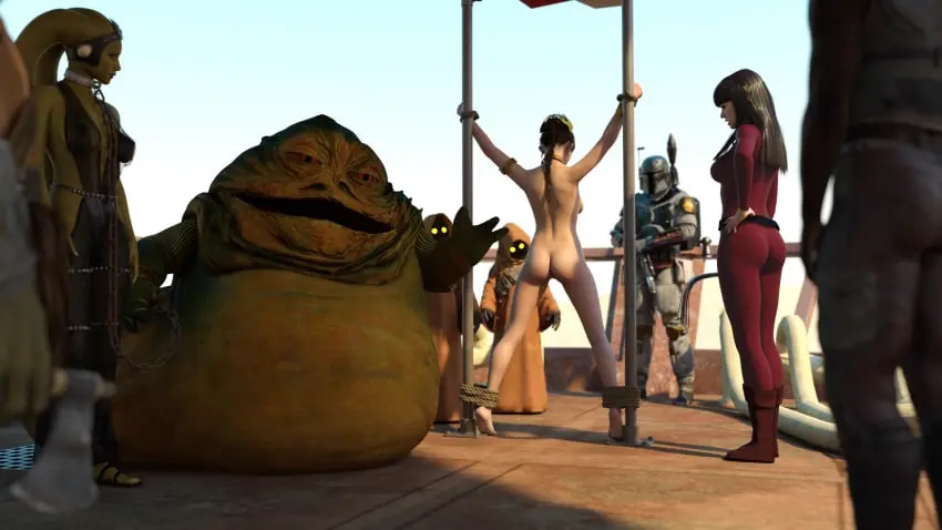 Image female,long_hair,black_hair,ass,bubble_butt,green_skin,brown_hair,3d,fishnets,bodysuit,3girls,dancer_outfit,slave_collar,slave_outfit,star_wars,braided_hair,harem,twi'lek,slave,hutt,jabba_the_hutt,slavegirl,whip,harem_girl,harem_outfit,on_display,wrists_tied,princess_leia_organa,oola,alexbridger,melina_carniss,slave_leia,sail_barge,tatooine,dancer,jawa,catsuit,imminent_whipping,ankles_tied,boba_fett,imminent_punishment,mandalorian_armor