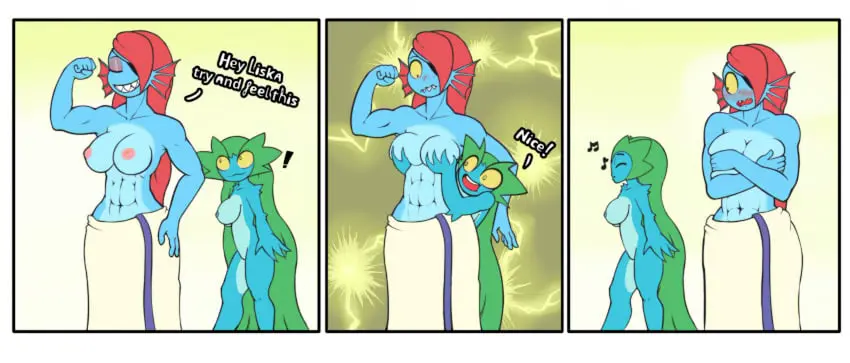 Image blush,female,nude,muscular,embarrassed,nude_female,monster,monster_girl,dialogue,muscular_anthro,grabbing_from_behind,towel,muscular_female,lizard_humanoid,undertale,undertale_(series),lizard_girl,eyepatch,towel_only,grabbing_breasts,embarrassed_nude_female,flexing,undyne,liska_(scalie_schoolie),scalie_schoolie,towel_around_waist,wild_thunder06,wildthunder06