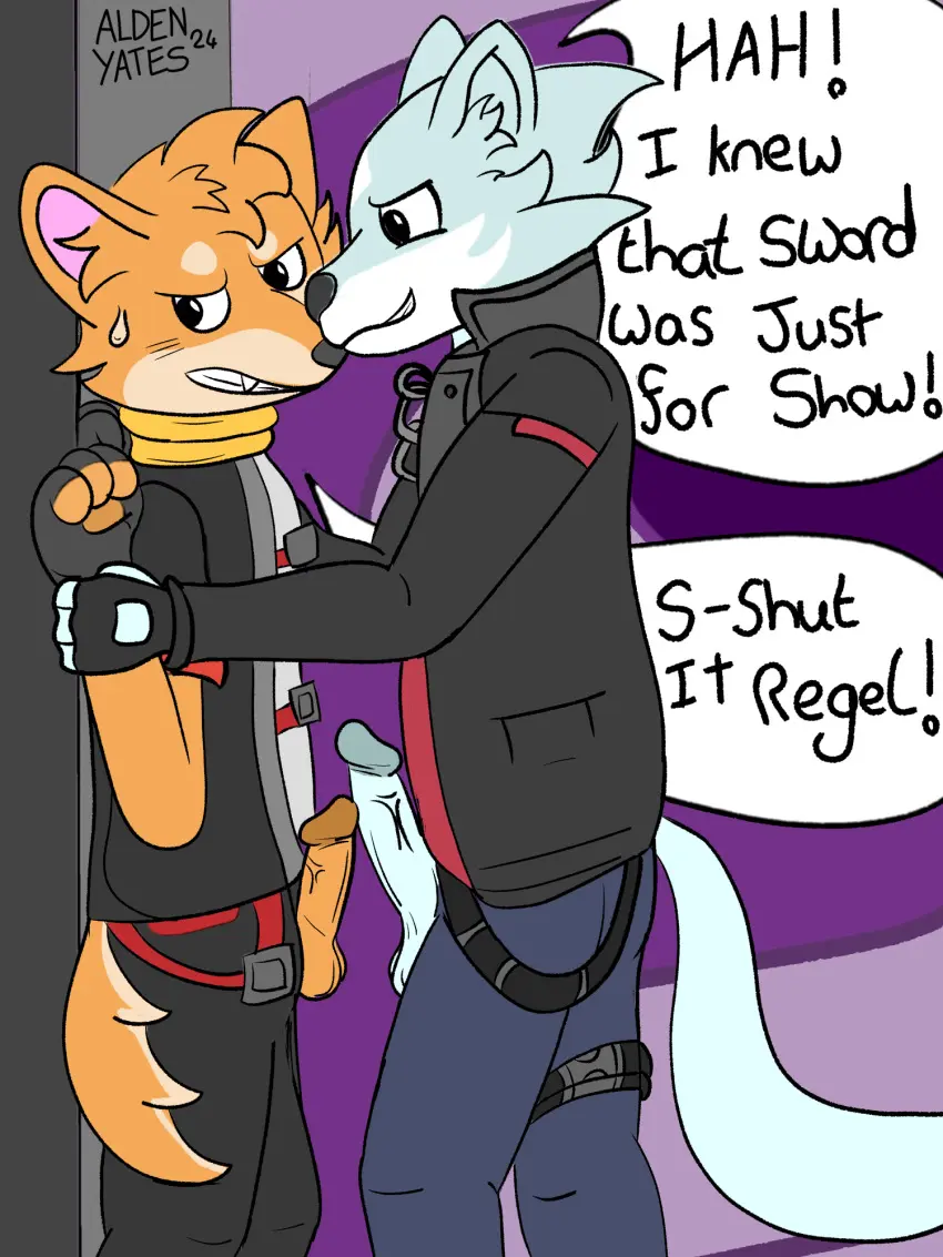Image blush,clothed,clothing,hi_res,male,penis,sweat,male/male,anthro,penis_size_difference,small_penis,bodily_fluids,canid,canine,canis,genitals,mammal,wolf,angry,fully_clothed,fox,invalid_tag,anomaly_collapse,small_penis_humilation
