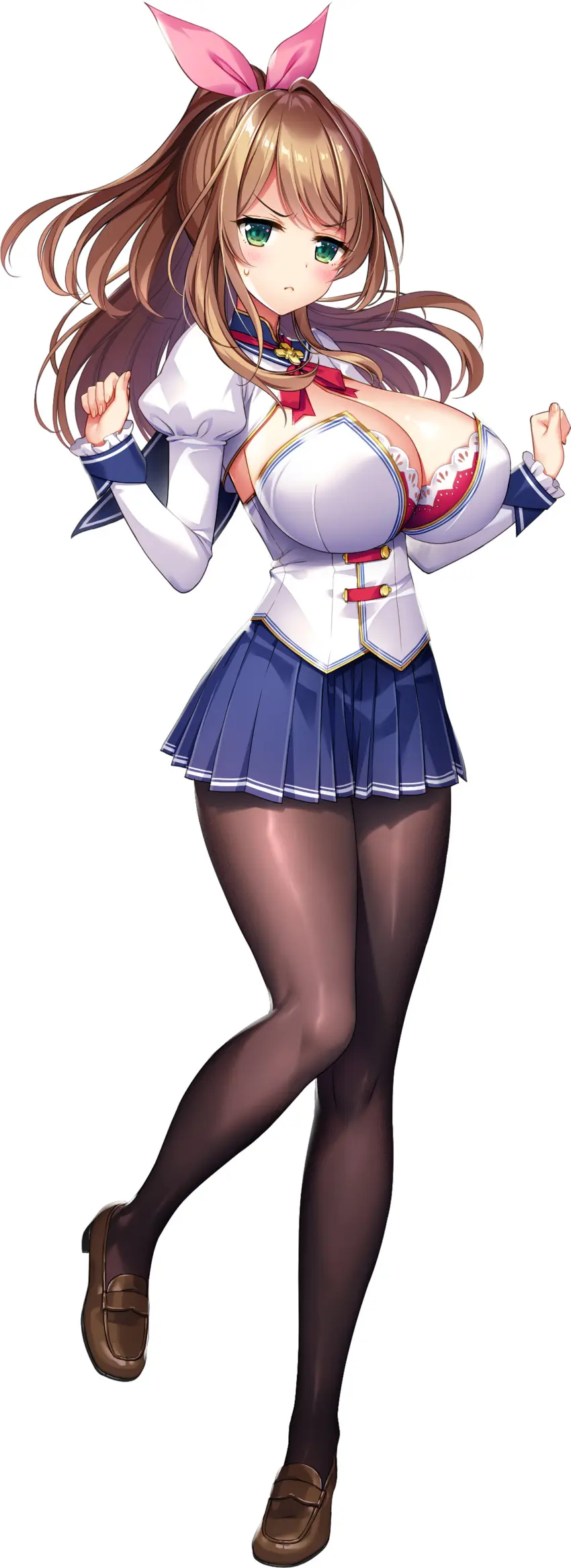 Image 1girls,breasts,female,highres,large_breasts,long_hair,looking_at_viewer,shiny_skin,solo,standing,shiny,solo_female,huge_breasts,green_eyes,hair_ribbon,brown_hair,full_body,transparent_background,derauea,konoka_misaki,milk_factory,motto!_haramase!_honoo_no_oppai_chou_ero_appli_gakuen!