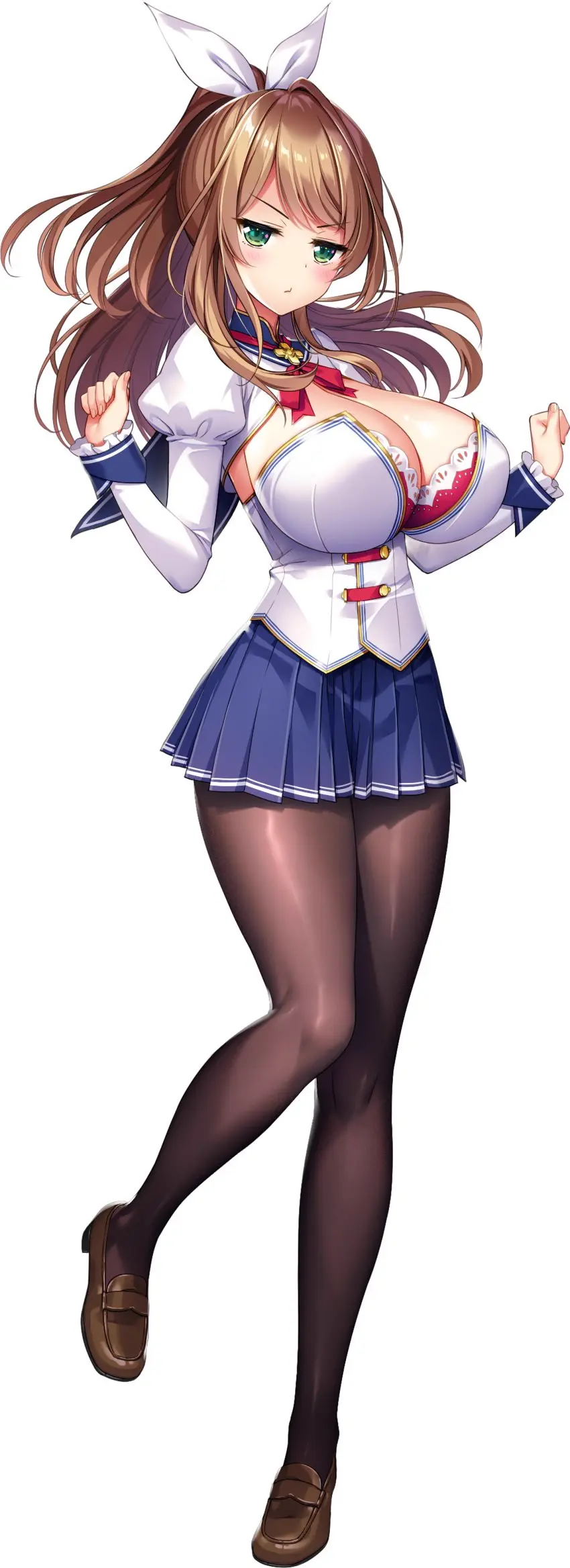 Image 1girls,breasts,female,highres,large_breasts,long_hair,looking_at_viewer,shiny_skin,solo,standing,shiny,solo_female,huge_breasts,green_eyes,hair_ribbon,brown_hair,full_body,transparent_background,derauea,konoka_misaki,milk_factory,motto!_haramase!_honoo_no_oppai_chou_ero_appli_gakuen!