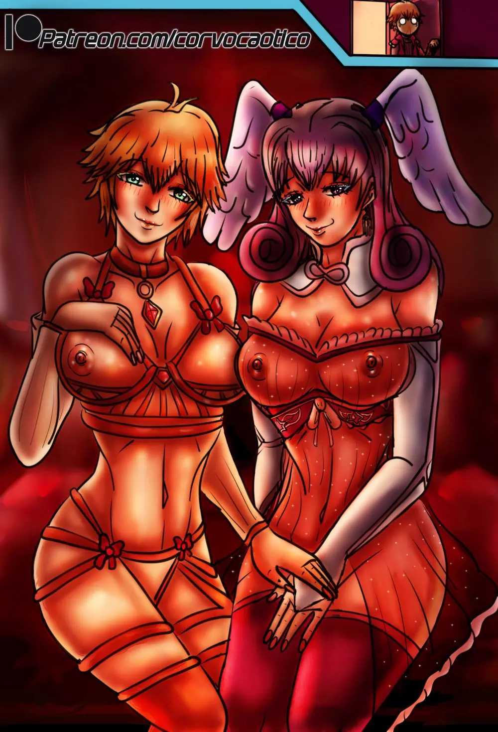 Image blush,breasts,female,nipples,1boy,2girls,blue_eyes,gloves,male,navel,short_hair,thighhighs,choker,female_focus,belly_button,lingerie,feathered_wings,blonde_hair,green_eyes,nintendo,xenoblade_(series),see-through_clothing,silver_hair,shulk_(xenoblade),head_wings,corvo_caotico,fiora_(xenoblade),melia_antiqua,xenoblade_chronicles
