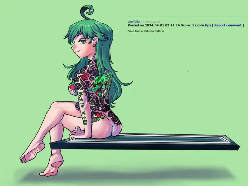 Image 1girls,female,female_only,looking_at_viewer,nude,personification,ass,looking_back,barefoot,feet,tattoo,nude_female,2d,text,completely_nude,green_eyes,sitting,ahoge,completely_nude_female,self_upload,green_hair,soles,translated,2d_(artwork),japanese_text,crossed_legs,irezumi,rule_34-tan,rule_34_(booru),site-tan,mr.sir_69,rule_34_comment,tattoo_on_back