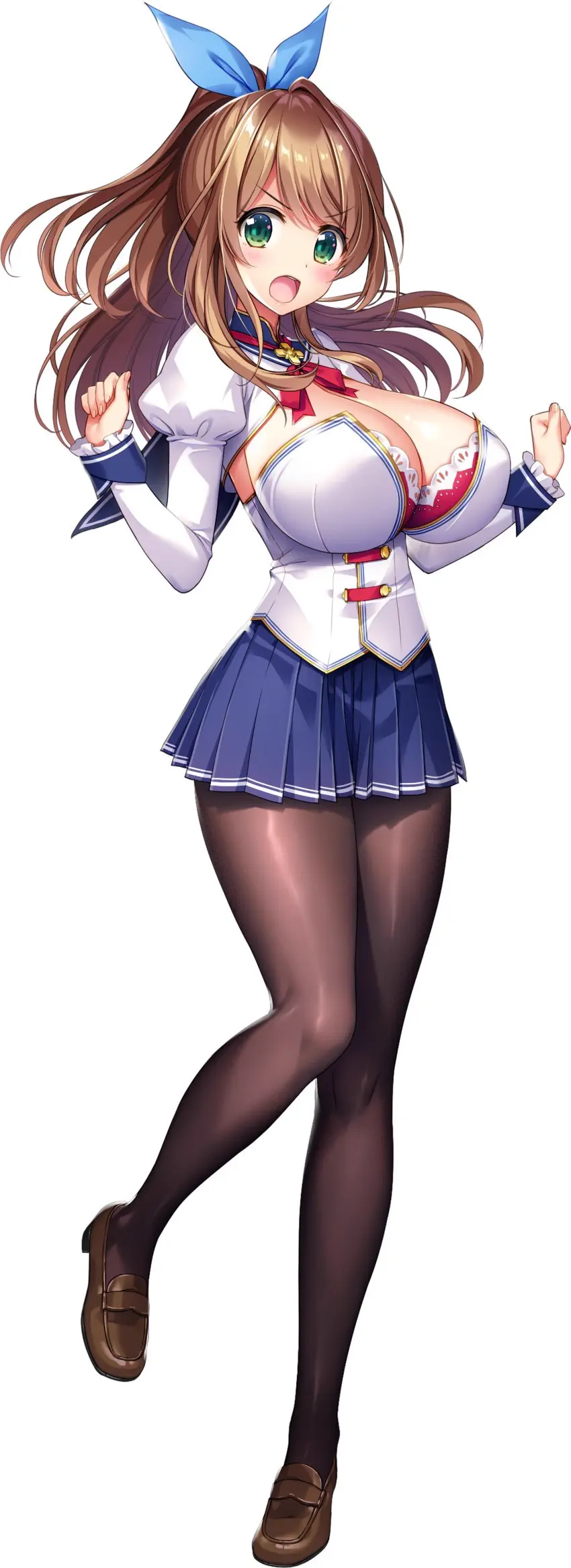 Image 1girls,breasts,female,highres,large_breasts,long_hair,looking_at_viewer,shiny_skin,solo,standing,shiny,solo_female,huge_breasts,green_eyes,hair_ribbon,brown_hair,full_body,transparent_background,derauea,konoka_misaki,milk_factory,motto!_haramase!_honoo_no_oppai_chou_ero_appli_gakuen!