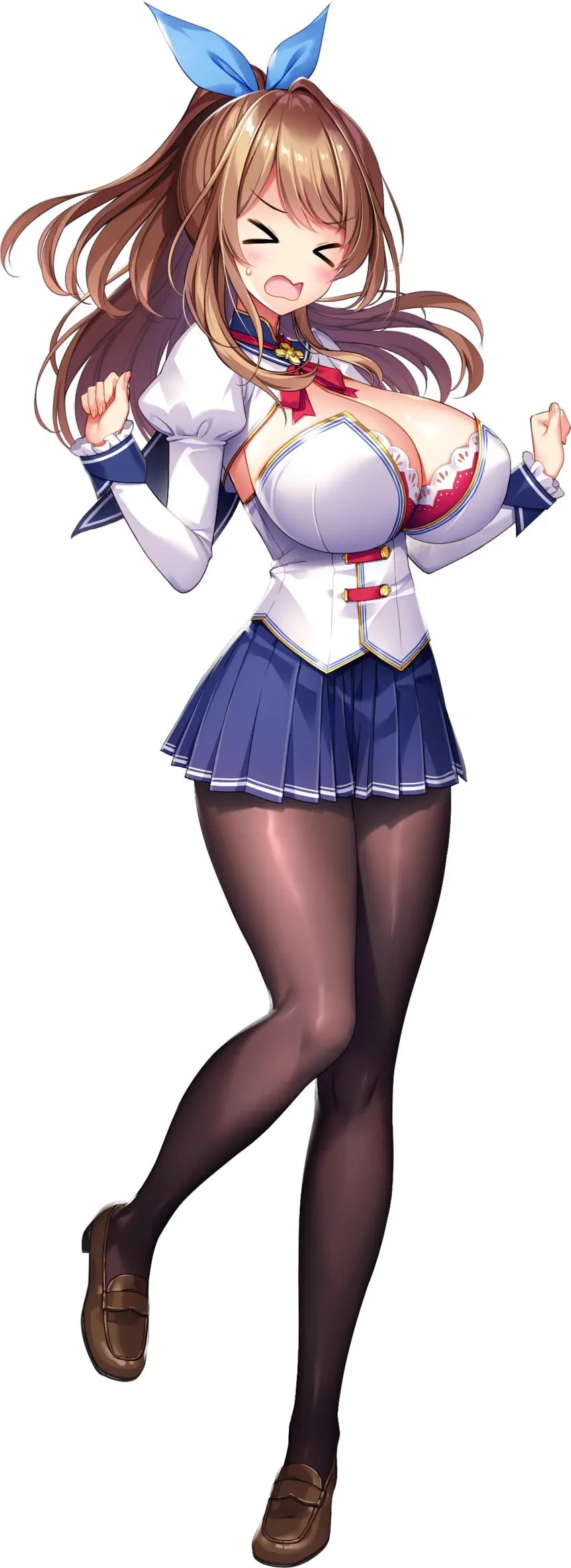 Image 1girls,breasts,female,highres,large_breasts,long_hair,looking_at_viewer,shiny_skin,solo,standing,shiny,solo_female,huge_breasts,green_eyes,hair_ribbon,brown_hair,full_body,transparent_background,derauea,konoka_misaki,milk_factory,motto!_haramase!_honoo_no_oppai_chou_ero_appli_gakuen!