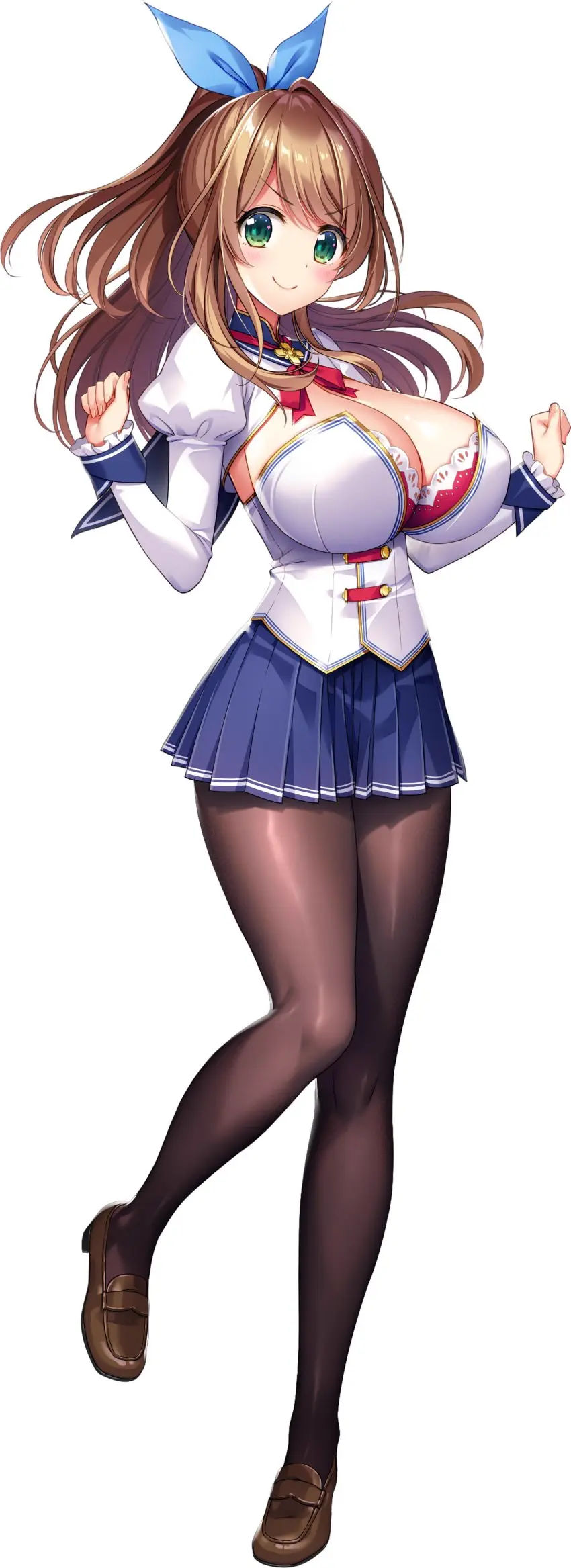 Image 1girls,breasts,female,highres,large_breasts,long_hair,looking_at_viewer,shiny_skin,solo,standing,shiny,solo_female,huge_breasts,green_eyes,hair_ribbon,brown_hair,full_body,transparent_background,derauea,konoka_misaki,milk_factory,motto!_haramase!_honoo_no_oppai_chou_ero_appli_gakuen!