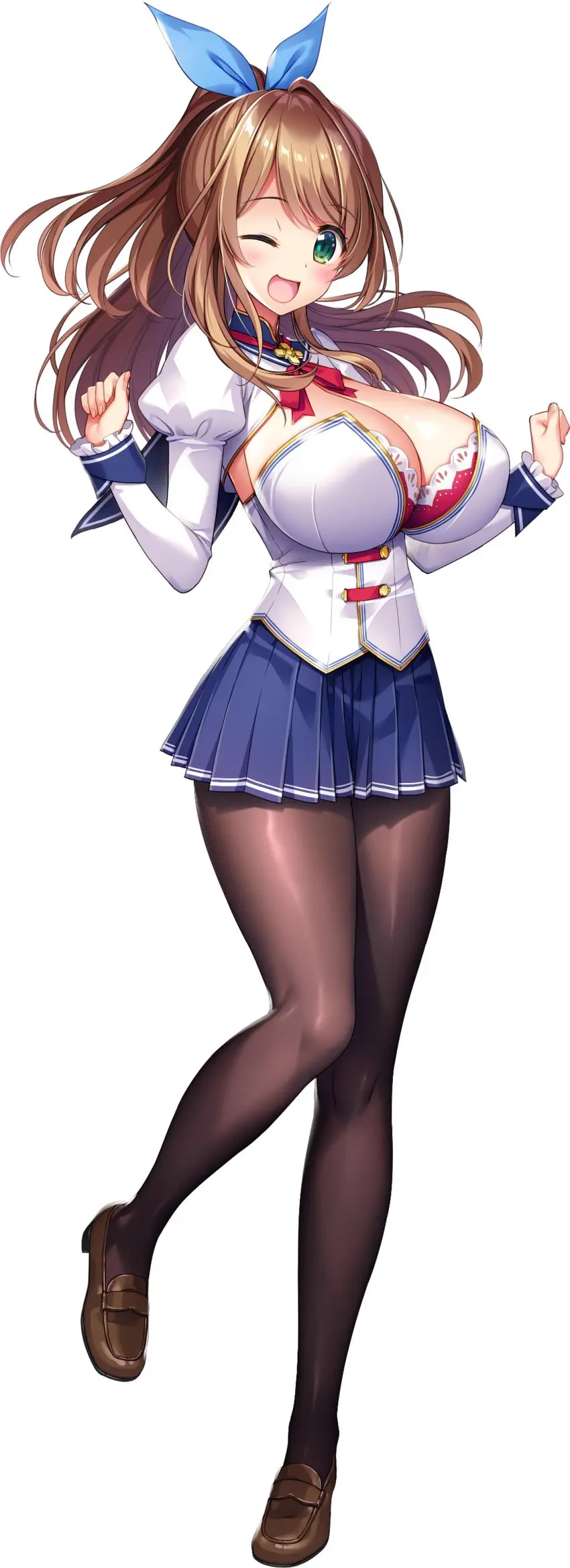 Image 1girls,breasts,female,highres,large_breasts,long_hair,looking_at_viewer,shiny_skin,solo,standing,shiny,solo_female,huge_breasts,green_eyes,hair_ribbon,brown_hair,full_body,transparent_background,derauea,konoka_misaki,milk_factory,motto!_haramase!_honoo_no_oppai_chou_ero_appli_gakuen!
