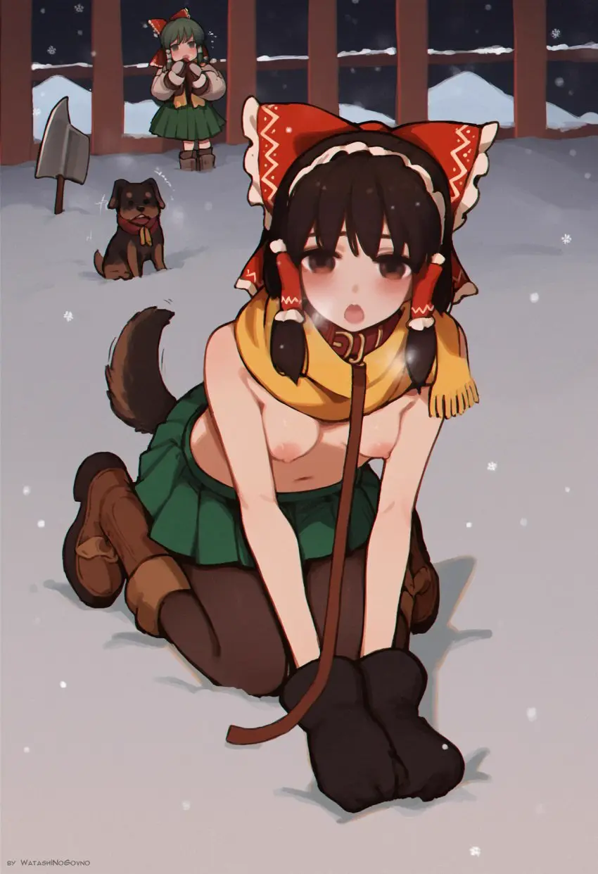 Image blush,bow,breasts,female,hairbow,nipples,open_mouth,touhou,2girls,bangs,gloves,multiple_girls,tail,kneeling,patreon_username,ai_generated,artist_name,medium_breasts,topless,outdoors,public,collar,skirt,canine,ribbon,pleated_skirt,all_fours,leash,breath,full_body,green_skirt,boots,scarf,fake_tail,dog_tail,twitter_username,snow,exhibitionism,animal_hands,winter,snowing,frills,red_bow,public_indecency,hair_tubes,hakurei_reimu,pet_play,brown_footwear,watashinogovno,paw_gloves