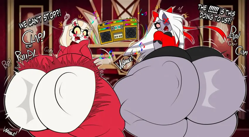 Image female,female_only,2girls,ass,big_ass,big_butt,bottom_heavy,bubble_ass,bubble_butt,huge_ass,huge_butt,looking_back,thick_thighs,massive_ass,wide_hips,fat_ass,text,thick_ass,demon,demon_girl,skirt,no_panties,dialogue,large_ass,large_butt,thunder_thighs,hazbin_hotel,ass_expansion,wardrobe_malfunction,ripped_clothing,clapping_cheeks,twerking,no_underwear,fat_butt,charlie_morningstar_(hazbin_hotel),vaggie_(hazbin_hotel),barely_contained,ass_clapping,mrxrickyx,body_control,forced_to_twerk,gold_boombox_(prevence),twerk_hypnosis