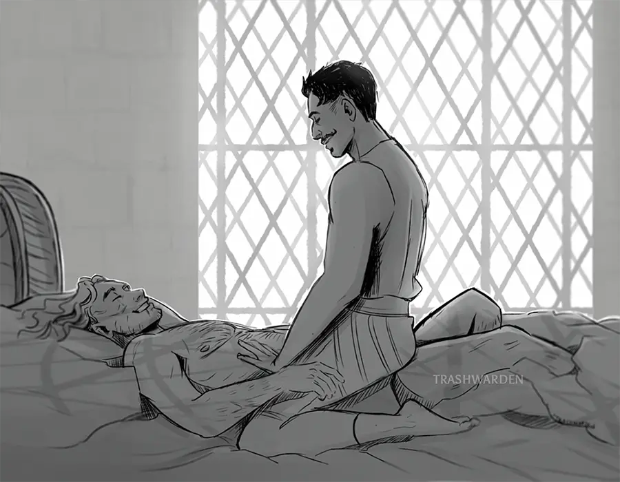 Image female,long_hair,nipples,smile,male,lying,duo,muscular,muscular_male,smiling,2boys,cowgirl_position,male/male,male_only,arms_behind_head,artist_name,closed_eyes,gay,dark_hair,on_bed,bed,black_and_white,monochrome,biceps,pecs,video_games,scar,scars,window,muscles,gay_male,facial_hair,hairy_chest,moustache,shirtless,chest_hair,stubble,lying_on_back,on_top,cuddling,beard_stubble,colorless,lying_down,in_bed,dorian_pavus,dragon_age,dragon_age_inquisition,mage,inquisitor_(dragon_age),trashwarden,vaxus_trevelyan