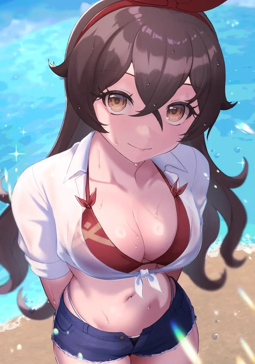 Image 1girls,female,female_only,highres,light-skinned_female,light_skin,long_hair,ribbon_in_hair,shirt,solo,standing,black_hair,bikini,female_focus,beach,smiling,smiling_at_viewer,water,ocean,cleavage,solo_female,swimsuit,wet,genshin_impact,ribbon,alternate_costume,sand,high_resolution,thong,wet_body,front_view,wet_shirt,day,summer,hoyoverse,thong_bikini,arms_behind_back,red_bikini,amber_(genshin_impact),minishorts