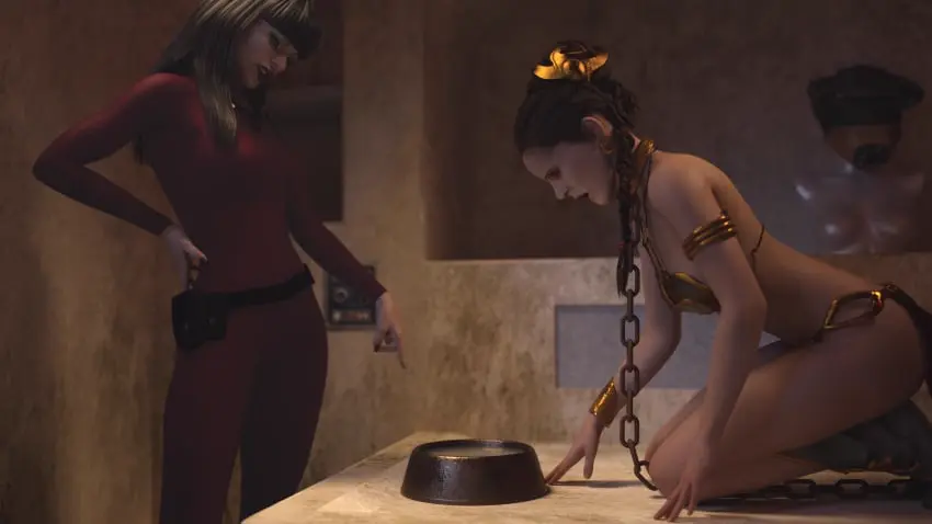 Image female,female_only,long_hair,2girls,black_hair,kneeling,brown_hair,3d,collar,revealing_clothes,eyeshadow,belt,bodysuit,femsub,boots,chains,belly_dancer,chain_leash,chained,slave_bikini,slave_collar,slave_outfit,star_wars,braided_hair,slave,skin_tight_suit,belly_overhang,slavegirl,loincloth,harem_girl,harem_outfit,metal_collar,princess_leia_organa,alexbridger,melina_carniss,slave_leia,catsuit,cum_bowl