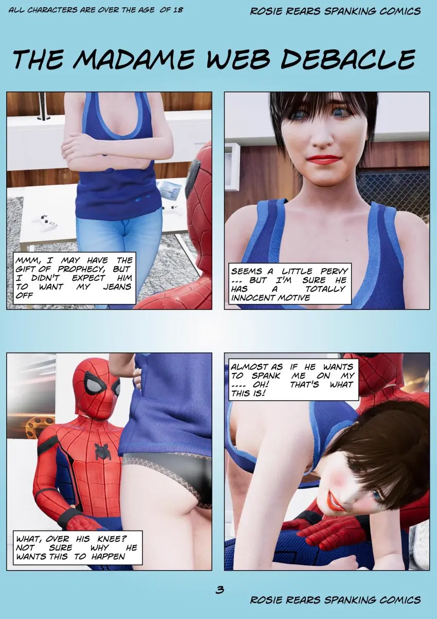 Image comic,marvel,marvel_comics,peter_parker,spider-man,spider-man_(series),spanking_butt,over_the_knee,over_the_knee_spanking,cassandra_webb,madame_web_(2024),rosierears,otk,otk_spanking