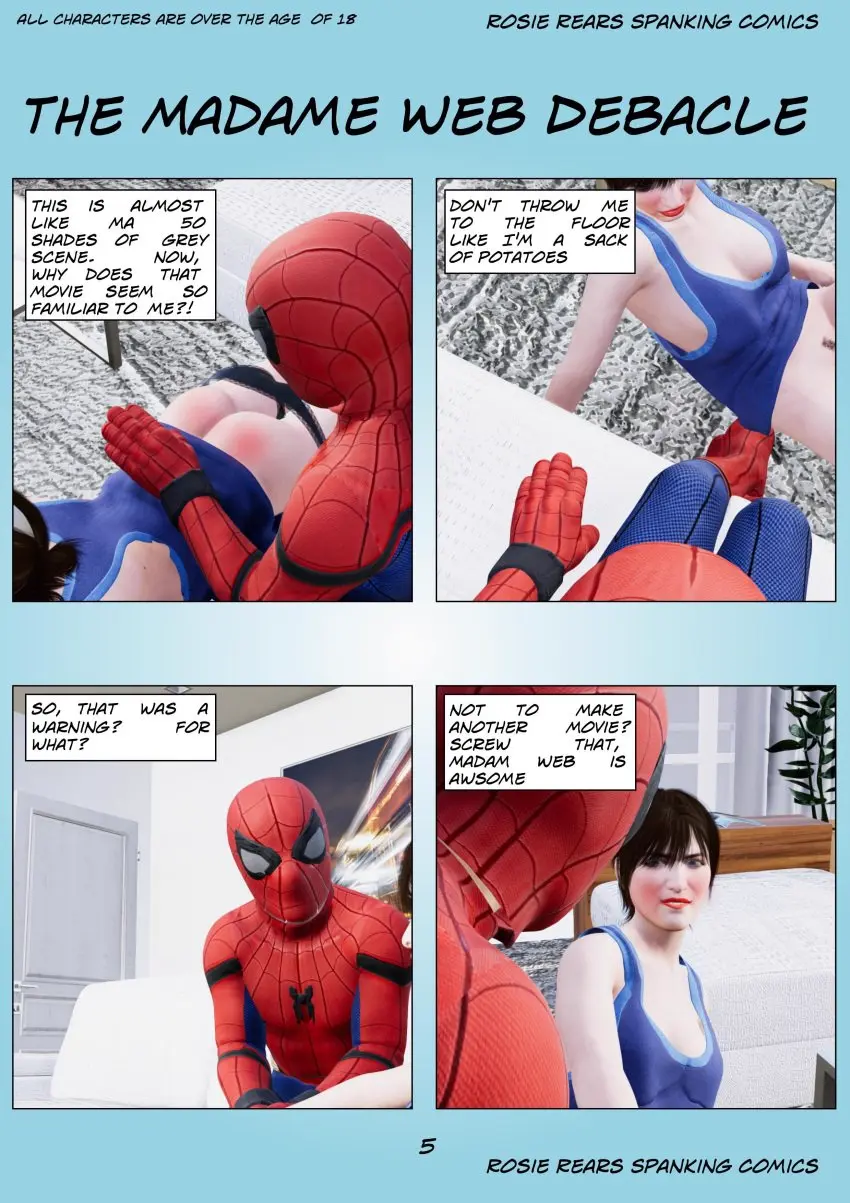 Image male,unseen_male_face,comic,marvel,marvel_comics,page_number,peter_parker,spider-man,spider-man_(series),spanking,red_butt,page_5,cassandra_webb,madame_web_(2024),rosierears,dakota_johnson,dakota,sore_bottom,spanked_girl