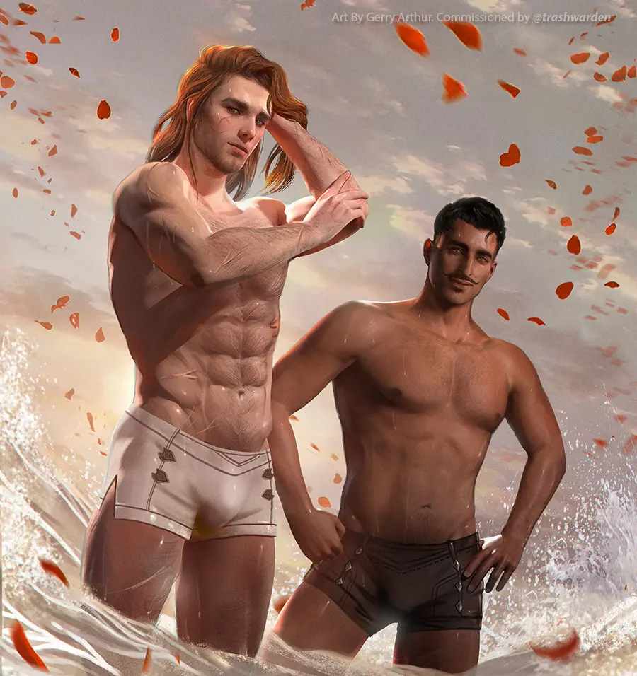 Image human,light_skin,long_hair,nipples,male,underwear,looking_back,duo,dark-skinned_male,dark_skin,muscular,muscular_male,water,2boys,male_only,yaoi,artist_name,light-skinned_male,dark_hair,hand_on_hip,bara,bulge,biceps,pecs,video_games,abs,scar,scars,bulge_through_clothing,muscles,gay_male,facial_hair,hairy_chest,moustache,shirtless,chest_hair,stubble,beard_stubble,sea,wave,artist_website,dorian_pavus,dragon_age,dragon_age_inquisition,mage,gerryart,rose_petals