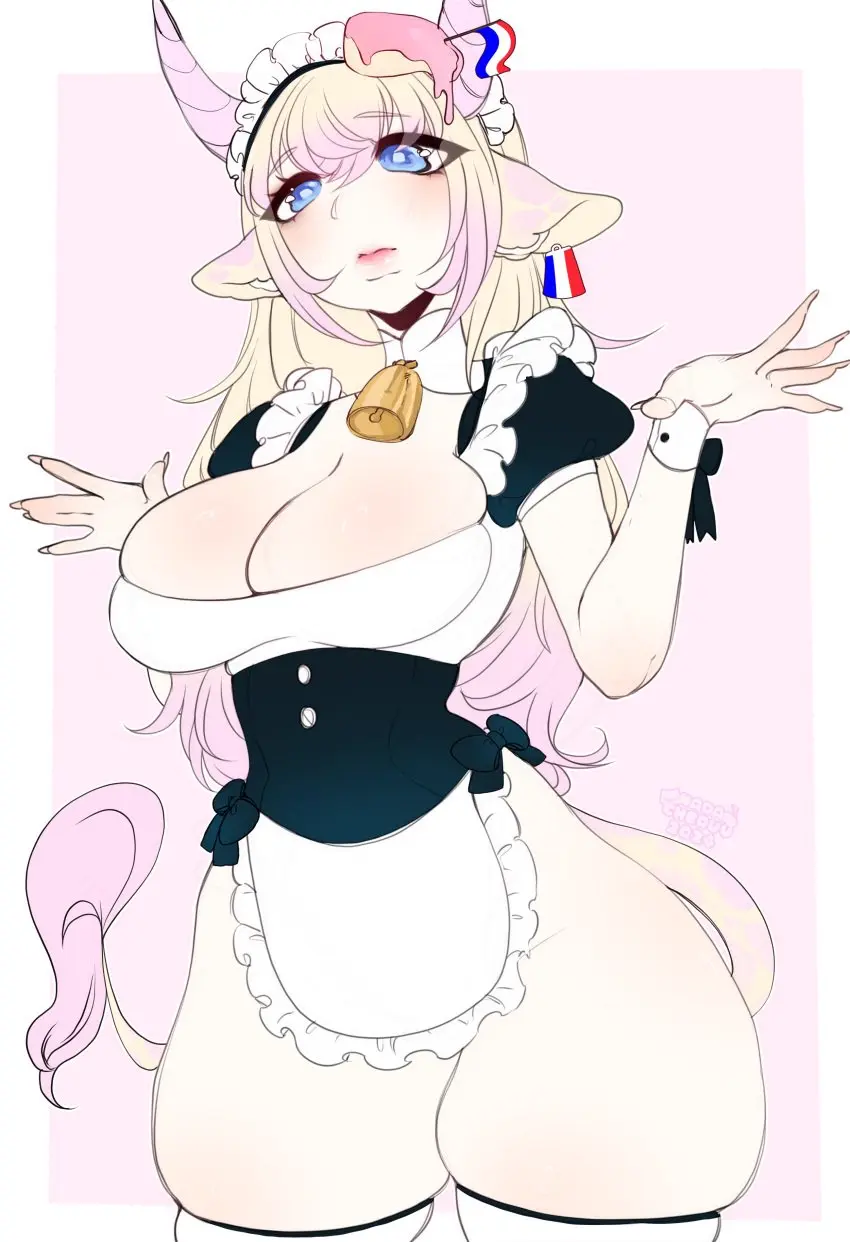 Image 1girls,female,female_only,long_hair,looking_at_viewer,solo,blue_eyes,tail,white_legwear,thick_thighs,humanoid,two_tone_hair,horns,cleavage,pink_hair,blonde_hair,absurd_res,maid,maid_uniform,maid_headdress,legwear,breast_squish,cow_girl,cow_ears,cow_horns,thigh_squish,tail_tuft,wrist_cuffs,very_high_resolution,cow_humanoid,dutch_flag,nadacheruulewd,saku_ushi,voice_actor