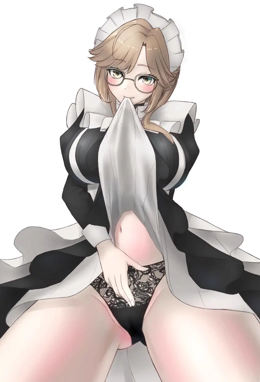 Image 1girls,blush,breasts,female,hi_res,looking_at_viewer,simple_background,smile,solo,white_background,navel,sidelocks,panties,underwear,headwear,solo_female,glasses,green_eyes,brown_hair,medium_hair,black_panties,lifted_by_self,maid,goddess_of_victory:_nikke,stomach,maid_headdress,skirt_lift,lace_trim,biting_clothes,black_skirt,maid_apron,frills,long_skirt,lace-trimmed_panties,ade_(nikke),nero_(voyaki),solo_fe