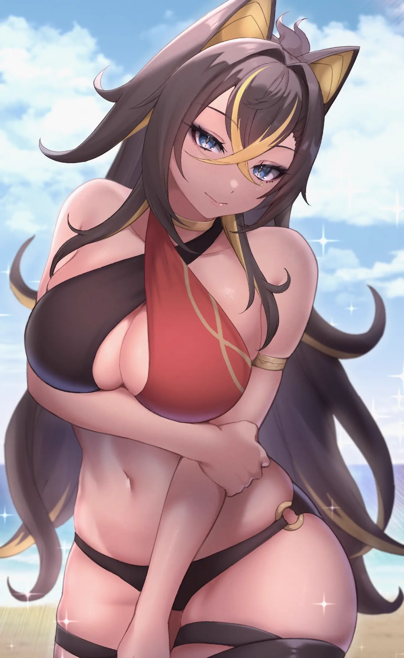Image 1girls,big_breasts,breasts,female,female_only,highres,long_hair,looking_at_viewer,solo,standing,animal_ears,black_hair,blue_eyes,bikini,female_focus,voluptuous,two_tone_hair,beach,smiling,smiling_at_viewer,ocean,sky,solo_female,voluptuous_female,swimsuit,mature_female,genshin_impact,dark-skinned_female,hourglass_figure,thong,mature,yellow_hair,front_view,day,summer,hoyoverse,clouds,thong_bikini,dehya_(genshin_impact)