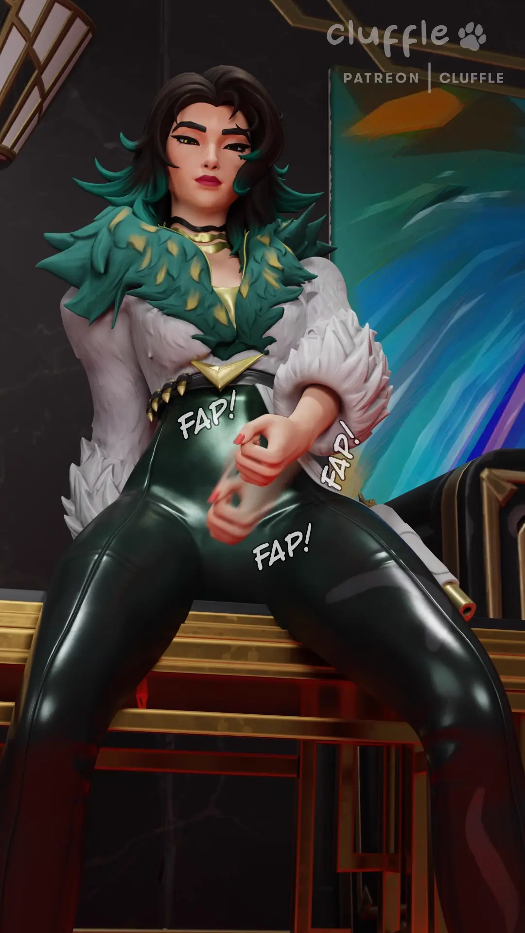 Image clothed,female,looking_at_viewer,solo,black_hair,female_focus,two_tone_hair,solo_female,fortnite,text,self_upload,green_hair,fortnite:_battle_royale,leather,valeria_(fortnite),jerk_off_instructions,joi,cluffle,jerking_off_hand_motion