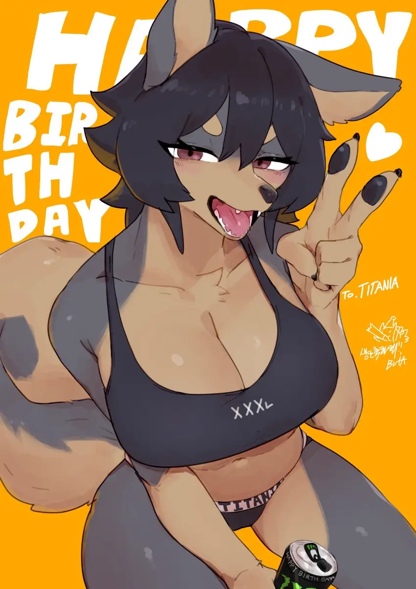 Image 1girls,brown_eyes,female,female_only,looking_at_viewer,open_mouth,solo,black_hair,furry,panties,smiling,smiling_at_viewer,cleavage,yellow_background,anthro,canine,domestic_dog,fur,dog_ears,dog_girl,commission,tank_top,pawpads,peace_sign,v_sign,very_high_resolution,happy_birthday,monster_energy,buta99,gum_dung_(titania),monster_(beverage),puppy_girl
