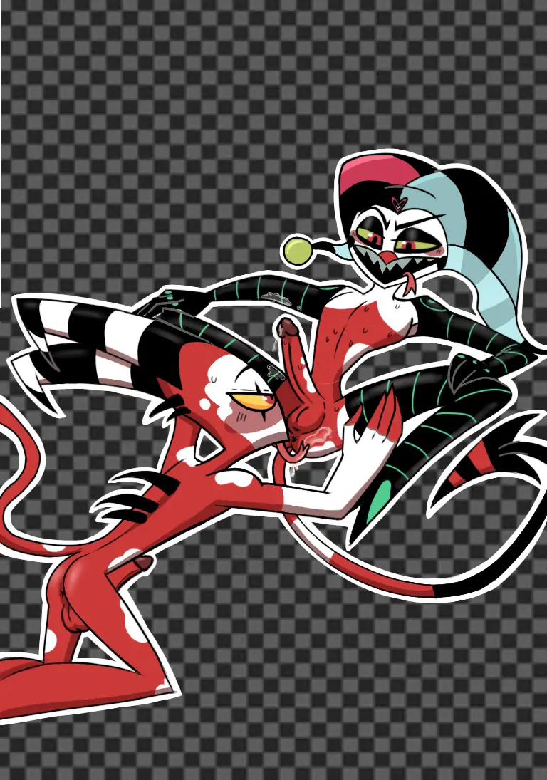 Image red_eyes,cum,male,penis,tail,uncensored,horns,2boys,male_only,multicolored_body,helluva_boss,penis_lick,penis_out,blitzo_(helluva_boss),fizzarolli_(helluva_boss),jester_hat,rosy_fun