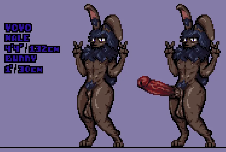 Image looking_at_viewer,1boy,black_hair,male,nude,penis,furry,big_butt,big_penis,humanoid_penis,dark_skin,femboy,balls,huge_cock,anthro,naked,original,purple_eyes,bunny_ears,pubic_hair,big_balls,fur,big_thighs,bunny_tail,small_but_hung,brown_fur,sheath,lagomorph,pixel_art,character_sheet,peace_sign,bunny_boy,hung_trap,dark-skinned_femboy,ambush_(trap),very_dark-skinned_femboy,yoyo,yoyospps