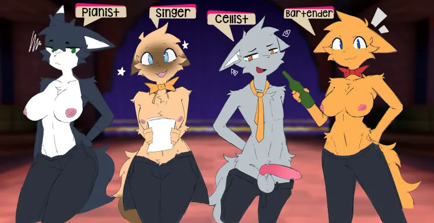 Image breasts,female,looking_at_viewer,nipples,1boy,2girls,blue_eyes,male,penis,furry,erection,orange_eyes,femboy,anthro,2d,green_eyes,topless,partially_clothed,feline,furry_only,necktie,light_blue_eyes,orange_fur,white_fur,bowtie,black_fur,bartender_(jazztronauts),cellist_(jazztronauts),exyli,fan_colored,jazztronauts,penis_outside,pianist_(jazztronauts),singer_(jazztronauts)