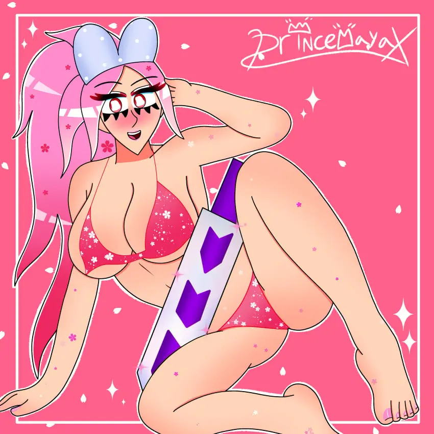 Image 1girls,blush,female,bikini,underwear,feet,smiling,pink_hair,legs,foot_fetish,original_character,oc,toes,sword,pink_background,legs_spread,pink_toenails,princemayansfw,terraria