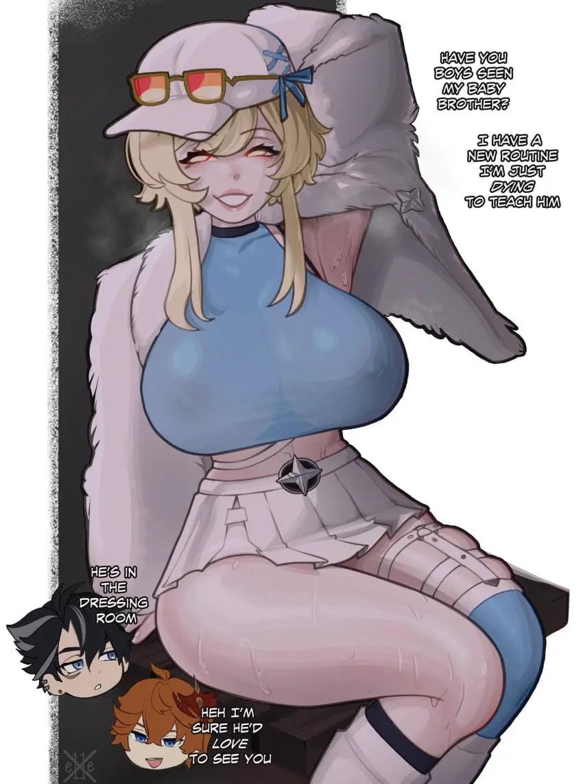 Image 1girls,breasts,female,large_breasts,smile,black_hair,male,sweat,thick_thighs,thighs,armpits,2boys,glasses,ginger,text,blonde_hair,genshin_impact,sweatdrop,skindentation,skirt,dialogue,see-through,english_text,sweaty,thigh_strap,cap,see-through_clothing,fully_clothed,thigh_squish,lumine_(genshin_impact),wriothesley_(genshin_impact),see-through_top,childe_(genshin_impact),tartaglia_(genshin_impact),x_e11e