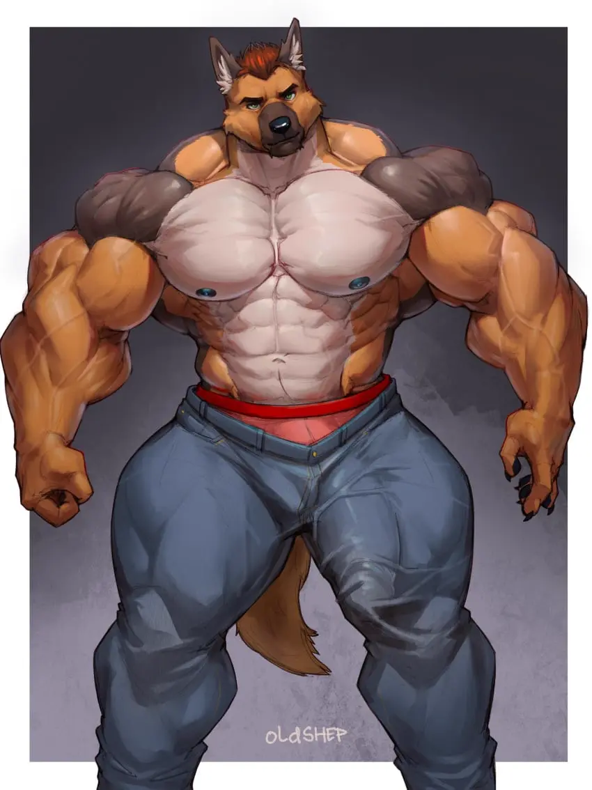 Image clothed,clothing,hi_res,looking_at_viewer,nipples,pants,simple_background,solo,standing,male,red_hair,underwear,muscular,muscular_male,hair,anthro,green_eyes,absurd_res,bulge,penis_outline,topless,canid,canine,canis,domestic_dog,fur,mammal,multicolored_body,multicolored_fur,claws,tight_clothing,black_body,5_fingers,black_nose,2024,white_body,fingers,genital_outline,big_muscles,brown_fur,vein,big_bulge,brown_body,white_fur,detailed_bulge,huge_bulge,denim,jeans,black_fur,bottomwear,pawpads,black_claws,herding_dog,pastoral_dog,countershading,black_nipples,black_pawpads,german_shepherd,tight_bottomwear,tight_pants,huge_muscles,veiny_muscles,denim_bottomwear,denim_clothing,jason_steiner,oldshep