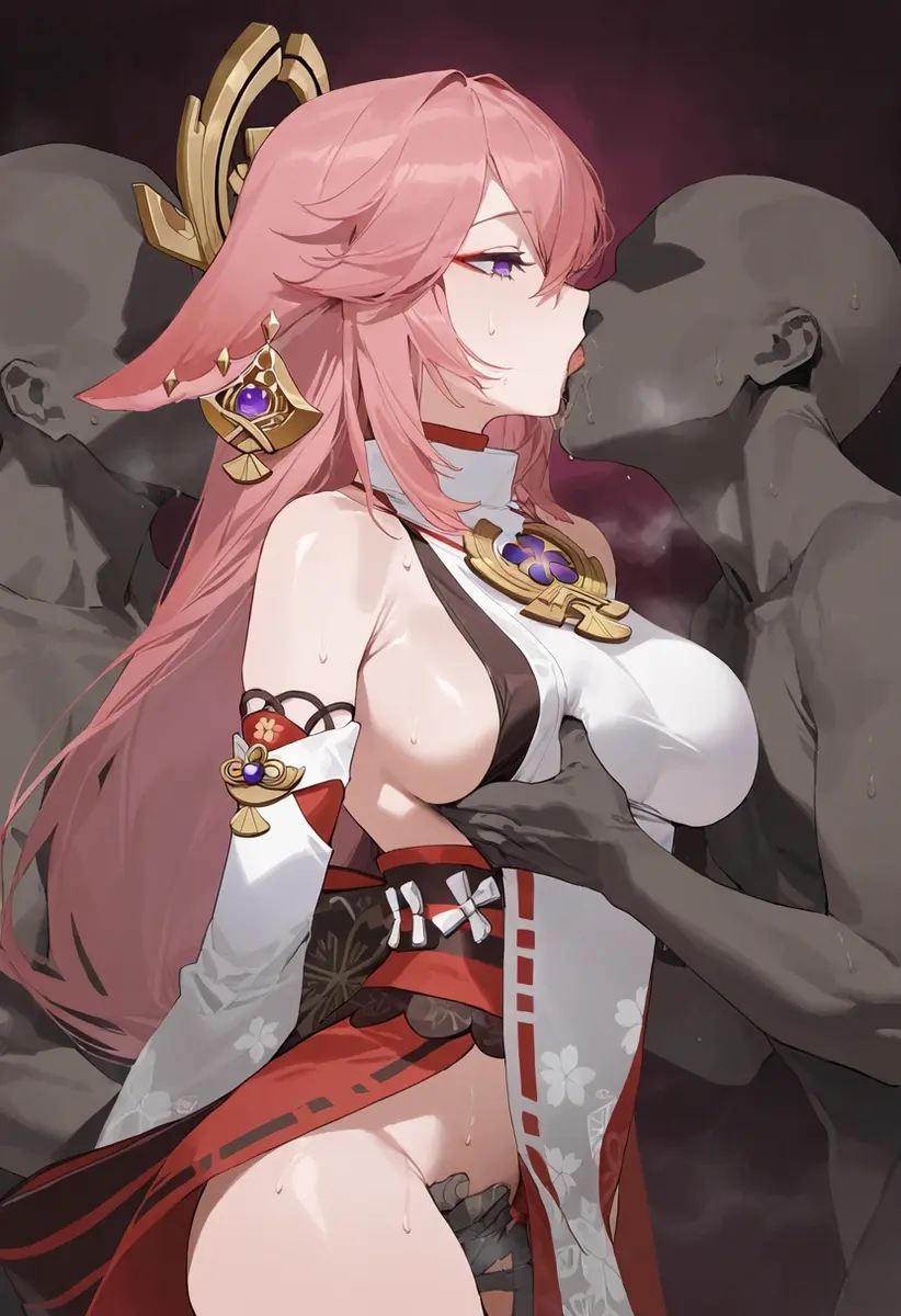 Image breasts,female,open_clothes,male,tongue_out,tongue,dark-skinned_male,interracial,ai_generated,sideboob,pink_hair,purple_eyes,genshin_impact,saliva,yae_miko,masturbation,groping,kissing,rubbing_pussy,groping_breasts,ai_hands,touching_breast,french_kissing,miurai
