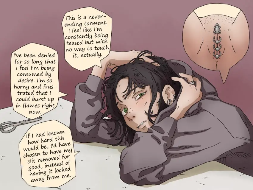 Image 1girls,female,female_only,looking_at_viewer,solo,short_hair,piercing,text,green_eyes,pale-skinned_female,pale_skin,dark_hair,english_text,femsub,horny,horny_female,chastity,chastity_device,caption,chastity_piercing,frustrated,orgasm_denial,permanent_chastity_device,chastity_belt,clitoridectomy,female_genital_mutilation,genital_mutilation,bexiga_cheia,infibulation,permanent_chastity,pussy_sewn_shut,sewn_pussy,female_chastity,creative_chastity
