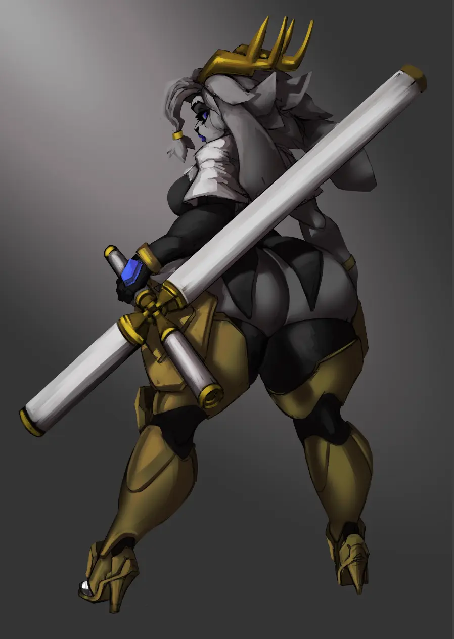 Image clothed,clothing,female,hi_res,long_sleeves,looking_at_viewer,solo,blue_eyes,ass,big_butt,thick_thighs,muscular,accessory,gem,gold_(metal),hair_accessory,jewelry,hair,anthro,lips,rabbit_ears,high_heels,footwear,mammal,horn,antlers,bottomless,bracelet,makeup,lipstick,feline,legwear,weapon,bovid,fluffy,tuft,hybrid,lagomorph,leporid,rabbit,felid,fluffy_hair,armor,leggings,caprine,goat,muscular_arms,melee_weapon,head_tuft,gold_jewelry,no_underwear,hair_tie,suit_jacket,gold_armor,shawl,jackalope,armored_boots,club_(weapon),djpuppeh,dream_breaker_(pseudoregalia),gold_antlers,gold_bracelet,gold_hair_ornament,gold_hair_tie,greaves,nightstick,pseudoregalia,puffy_lips,sybil_(pseudoregalia)