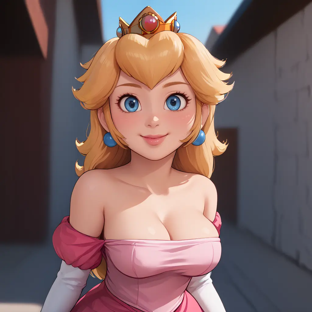 Image 1girls,breasts,female,female_only,highres,looking_at_viewer,no_bra,blue_eyes,gloves,earrings,female_focus,ai_generated,shoulders,blonde_hair,stable_diffusion,dress,mario_(series),nintendo,white_gloves,high_resolution,princess_peach,strapless,crown,strapless_dress,butts69420,ruffles,shiny_lips