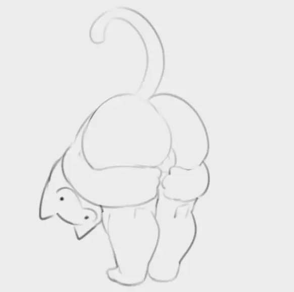 Image looking_at_viewer,simple_background,solo,male,tail,ass,big_butt,bubble_butt,balls,anthro,presenting,monochrome,bent_over,genitals,mammal,rear_view,:3,feline,presenting_hindquarters,felid,domestic_cat,felis,barely_visible_balls,barely_visible_genitalia,holding_both_legs,backsack,holding_leg,tacogatooooo
